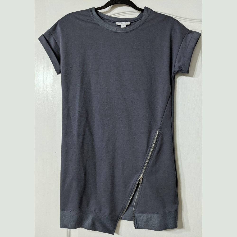 Grey Diagonal Zipper Cuffed Sleeve Asymmetrical Sweatshirt Mini Dress sz Small